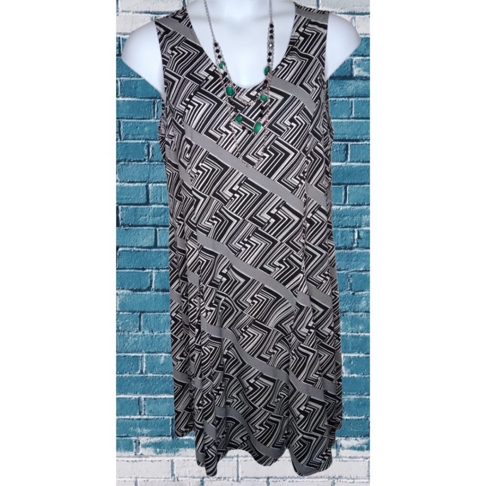 Studio Works Fit Flare Dress Black White Geometric Size XL